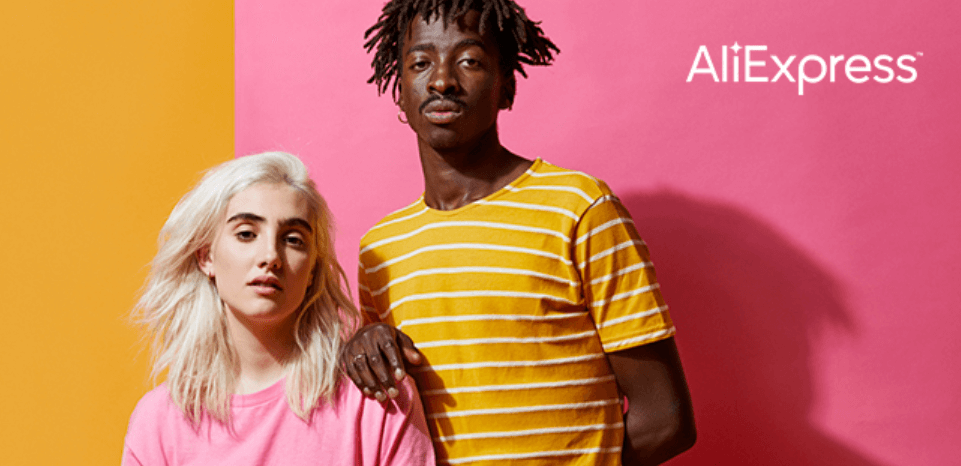 AliExpress deals page image - A man and woman wearing pink and yellow clothing with matching colours in the background