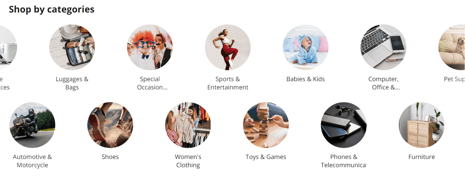 AliExpress shopping categories including computer, office, shoes, women&apos;s clothing, toys, phones and furniture.