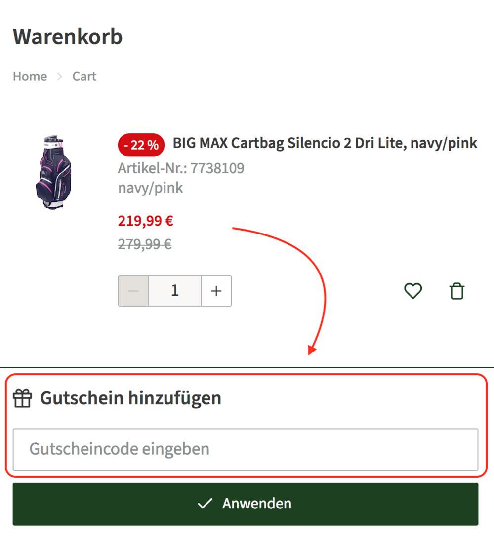 Warenkorb-Screenshot mit Eingabefeld für deinen All4Golf Gutschein