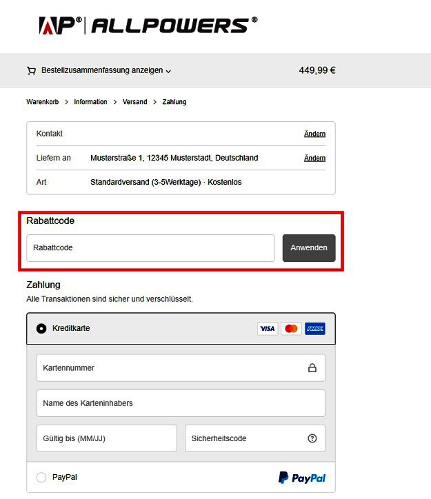 Screenshot aus dem Warenkorb Eingabefeld zum Anwenden vom Allpowers Gutschein
