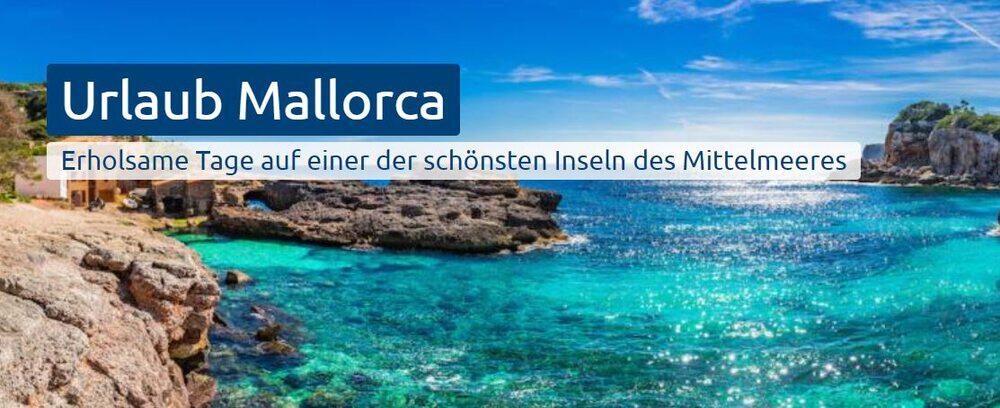 Alltours Mallorca Banner mit felsiger Küste und klarem türkisfarbenem Wasser