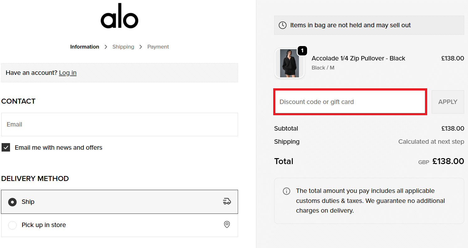 Alo Yoga discount code input box