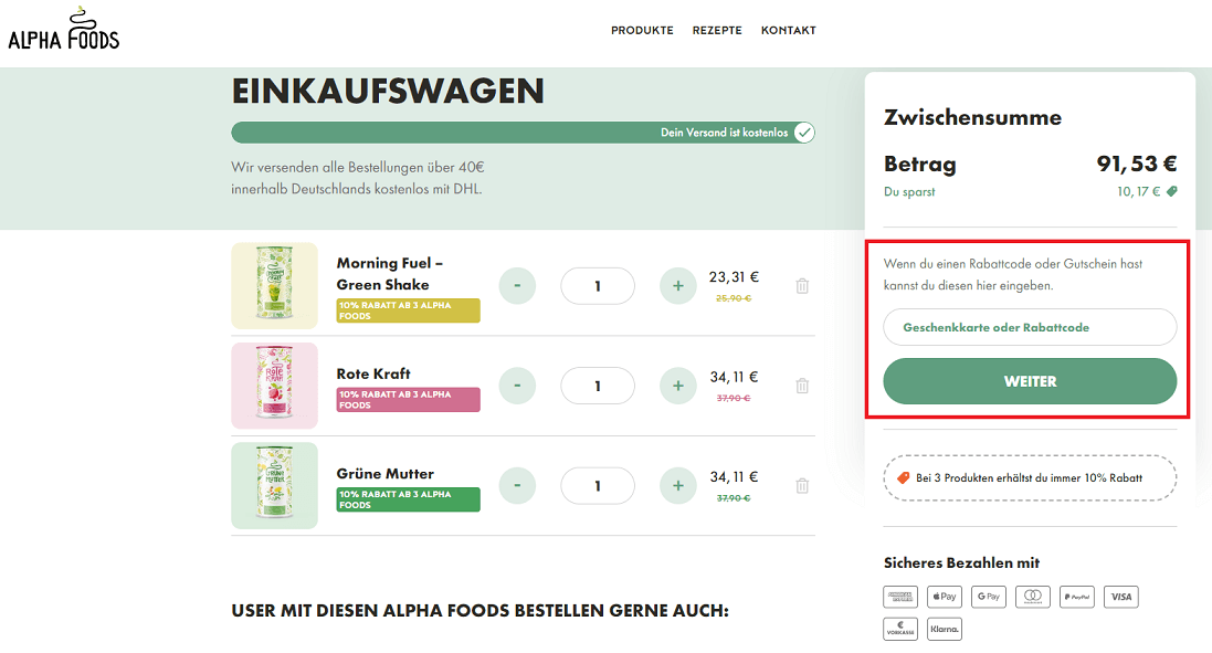 Eingabefeld zum Alpha Foods Gutschein Einlösen