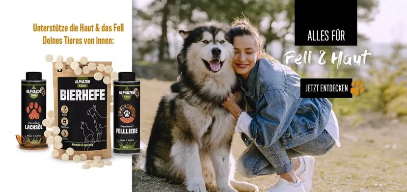 Eine Frau kuschelt draußen sich an ihren Husky und Auswahl unterschiedlicher Alphazoo Produkte als Banner der Alphazoo Gutscheinseite