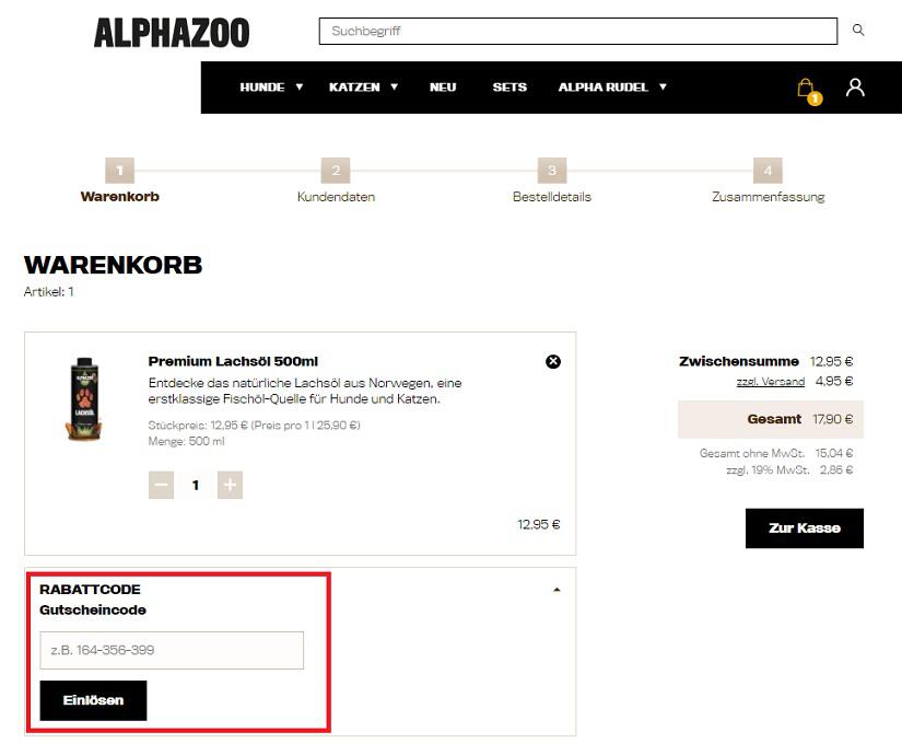 Screenshot aus dem Warenkorb mit Hinweis, wo du den Alphazoo Rabattcode einlösen kannst