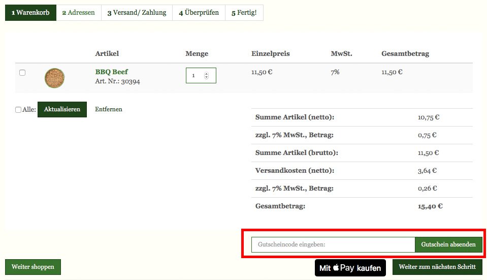 Eingabefeld für den Altes-Gewürzamt-Gutschein im Online-Shop