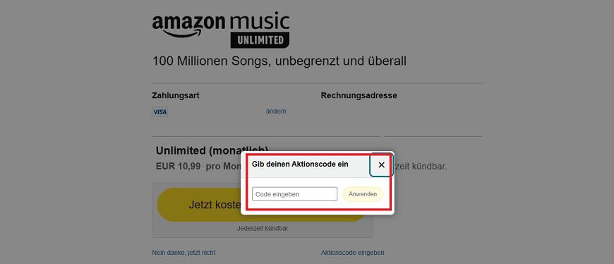 img: amazon-music-gutschein-einloesen / alt: Screenshot aus dem Warenkorb mit Hinweis darauf, wie du den Amazon Music Gutschein einlösen kannst.