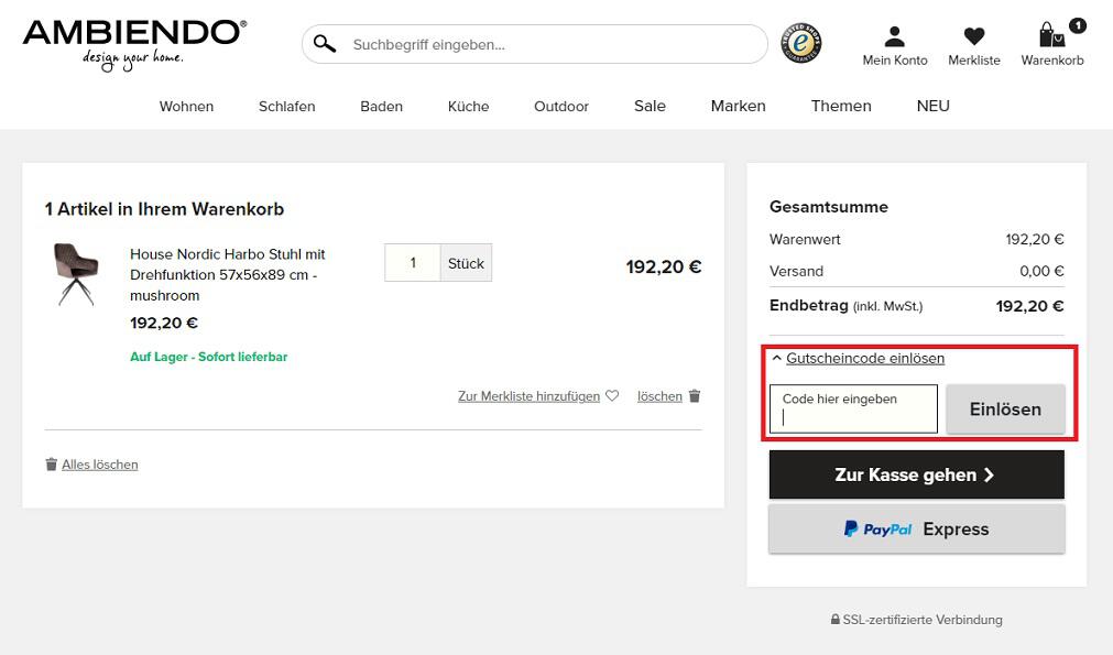 Einlösen eines Ambiendo Gutscheins im Warenkorb