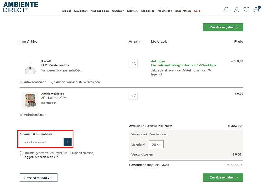 Screenshot vom Eingabefeld für einen AmbienteDirect Gutschein
