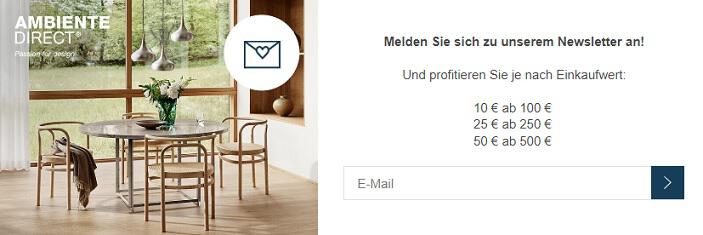 10, 25 oder 50 € Gutschein im Ambiente Direct Newsletter