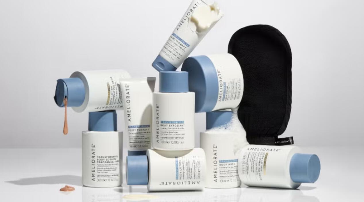 Ameliorate skincare banner showing a collection of branded blue lidded bottles and tubs pilled on top of each other