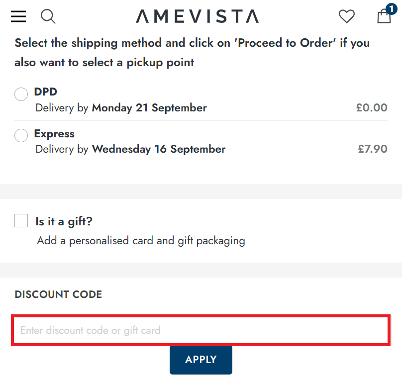 Amevista discount code box in shopping bag image