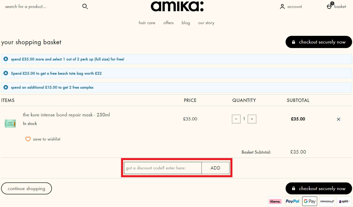 Amika discount code redemption box