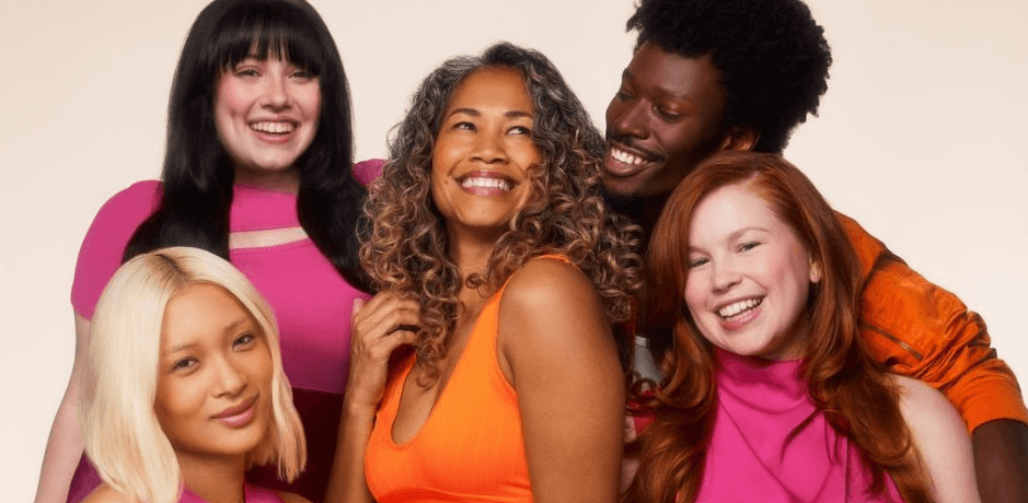 Amika offers page banner showing 5 women wearing pink and orange clothing and showcasing their hair