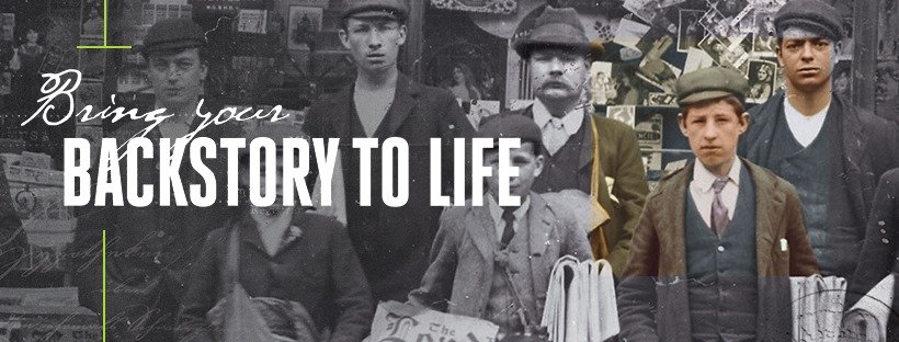 Ancestry banner with an old black and white photo, some of which is in colour. Text reads: Bring your backstory to life