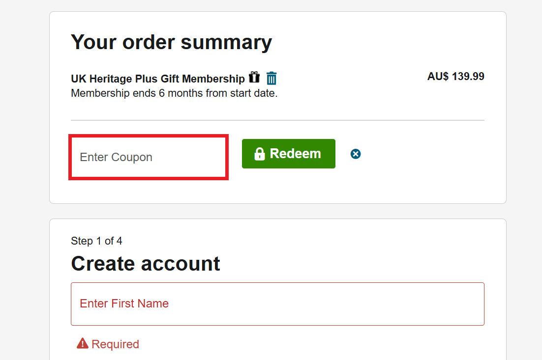 Ancestry coupon code box during checkout