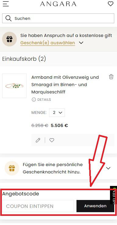 Screenshot vom Eingabefeld mit Hinweis darauf, wo du deinen Angara Gutschein einlösen kannst