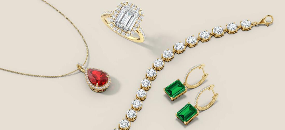 Angara savings tips image featuring a collection of gemstone jewellery including a diamond bracelet