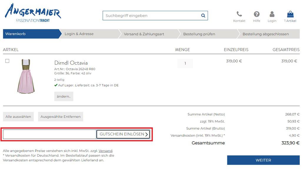 Screenshot aus dem Warenkorb mit Feld zur Einlösung vom Angermaier Gutschein