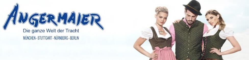 Firmenlogo auf weißem Grund und Mann mit zwei Frauen in Trachtenmode als Banner für die Angermaier Gutscheinseite