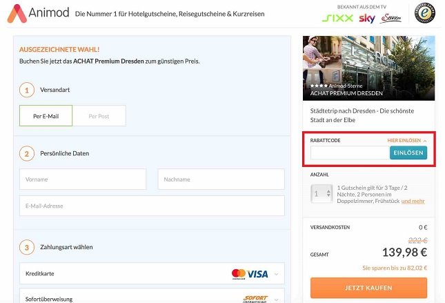 Warenkorbansicht im Online-Shop mit Eingabefeld für den Animod Gutschein