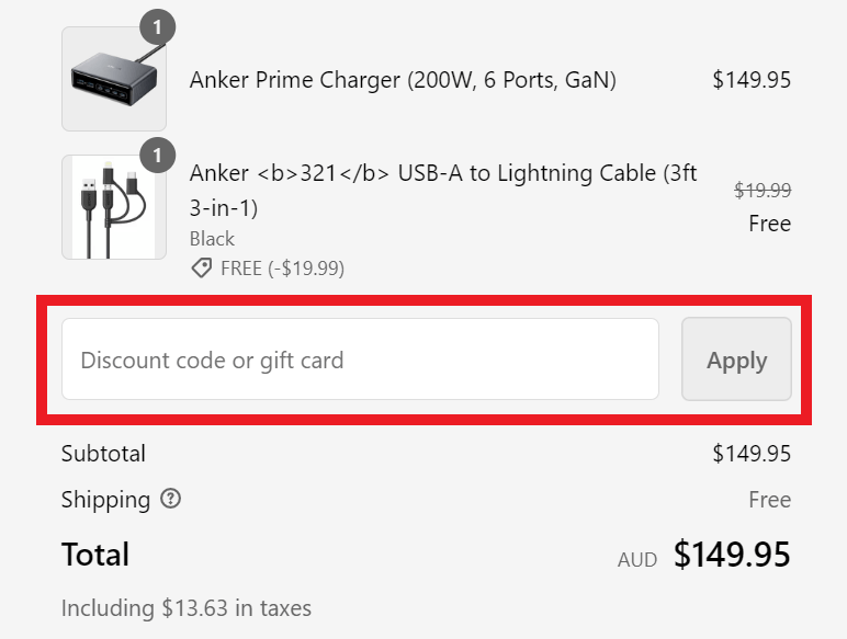 Anker discount code box in shopping cart