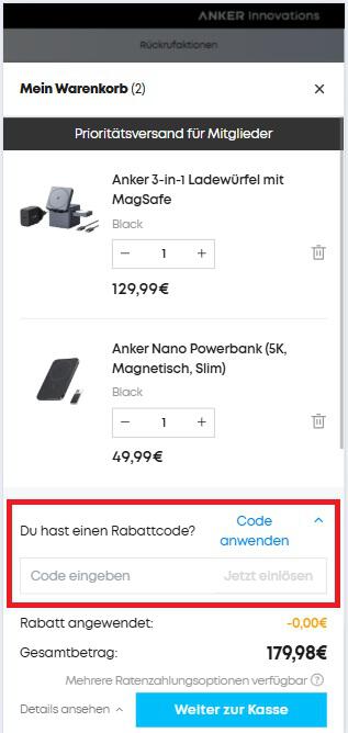 Im Warenkorb einen Anker Rabattcode anwenden