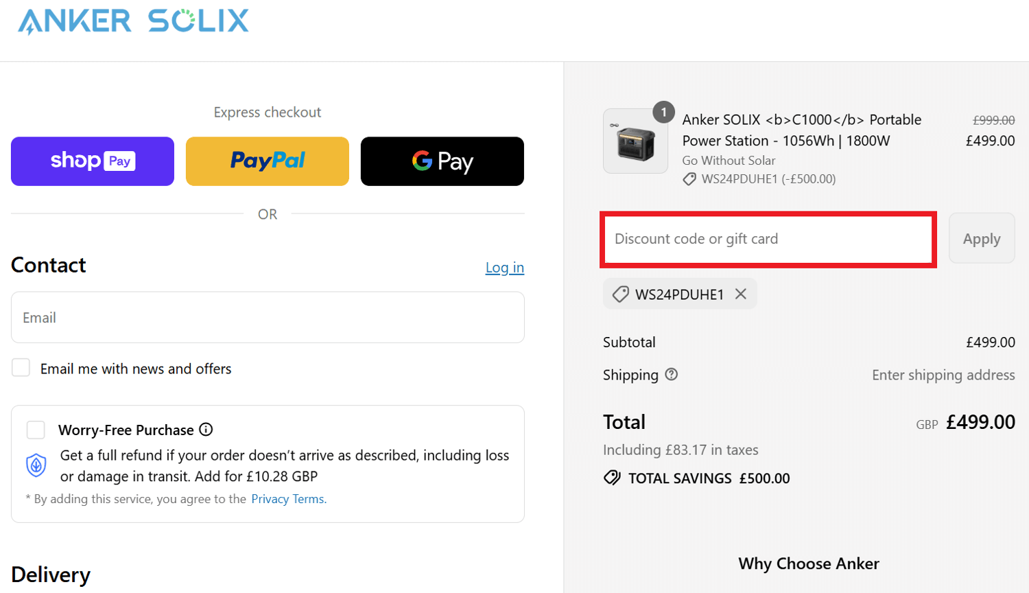 Anker Solix discount code box during checkout image