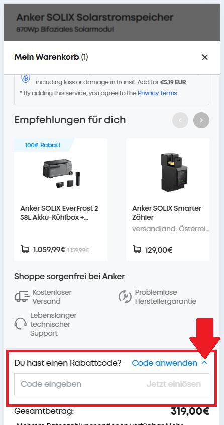 Warenkorb-Screenshot mit Eingabefeld für deinen Anker SOLIX Gutschein
