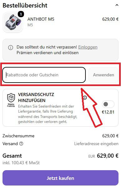 Screenshot von der Startseite wo du deinen ANTHBOT Gutschein einzugeben kannst