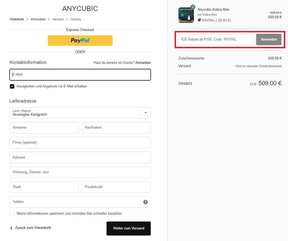 Screenshot mit Hinweis, wo der Anycubic-Gutschein eingegeben wird