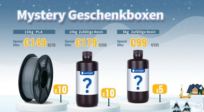 Banner für die Mystery-Geschenkboxen von Anycubics: PLA-Rolle und Resinflaschen mit Fragezeichen