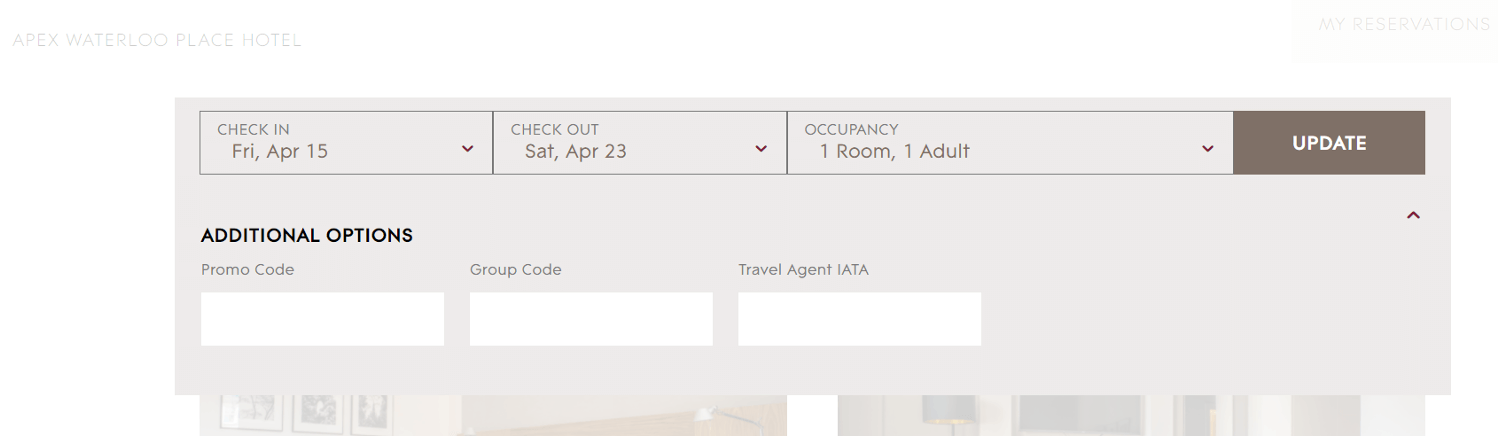 Screenshot of the Apex Hotels discount code redemption box on the hotel booking page