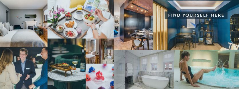 Apex Hotels montage including spa hotels, luxury hotel rooms and hotel breakfast. Text reads: Find yourself here.