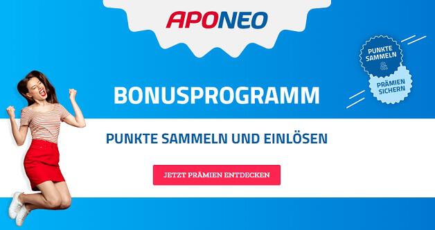 Jubelnd hüpfende Frau auf Banner für Aponeo Bonusprogramm