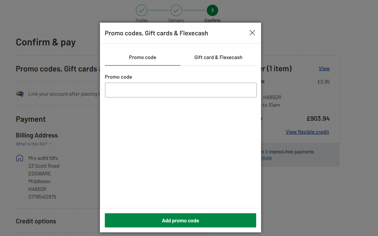 Argos discount code input box