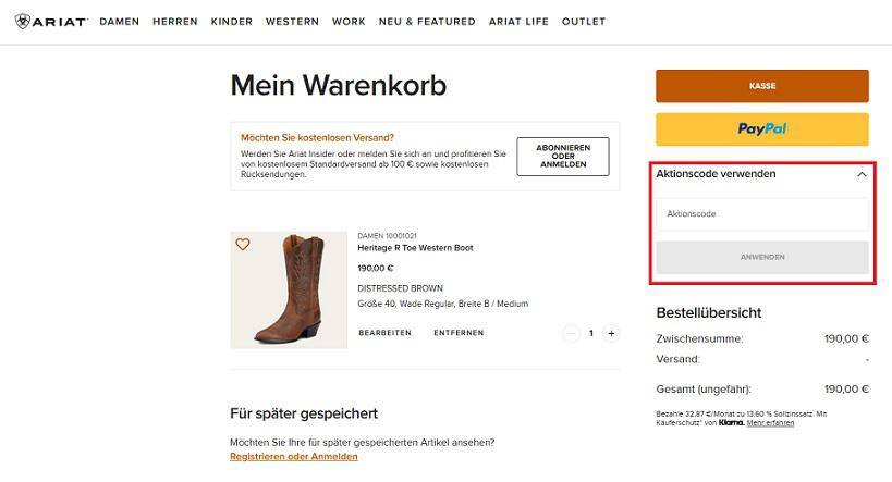 img: ariat-gutschein-einloesen / alt: Screenshot aus dem Warenkorb mit Hinweis darauf, wie du den Ariat Gutschein einlösen kannst.