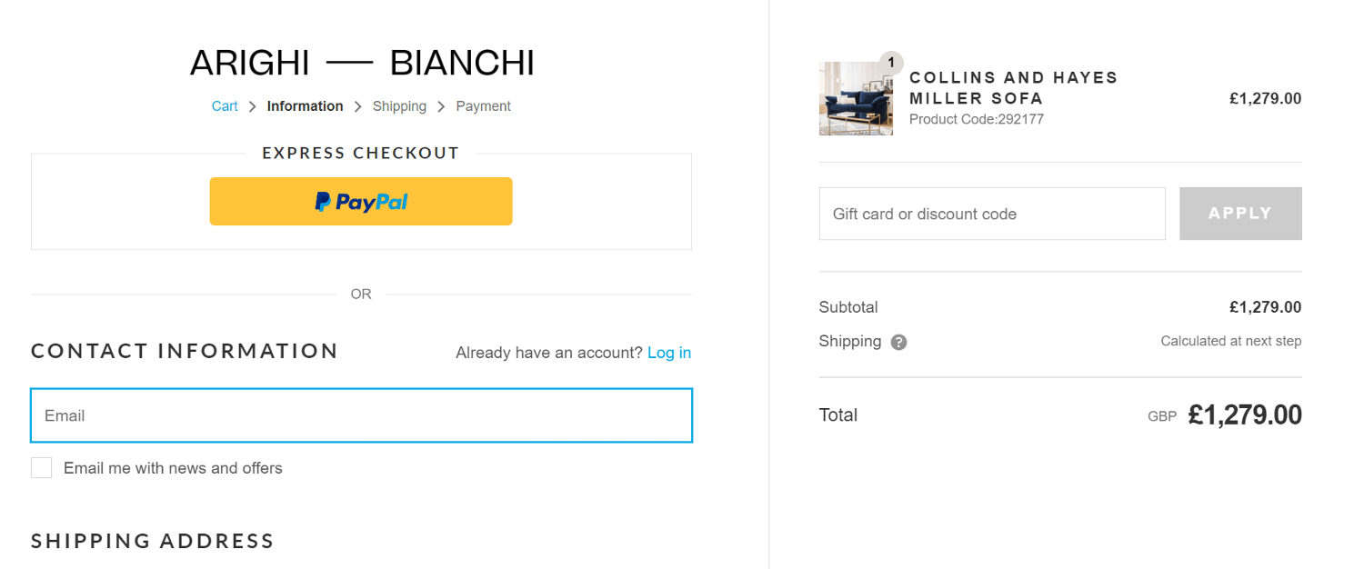 Screenshot of the Arighi Bianchi discount code box on the payment page of the website