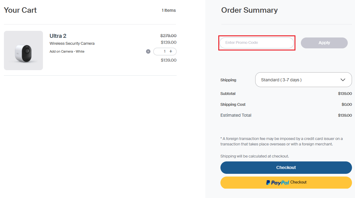 Arlo discount code box during checkout image