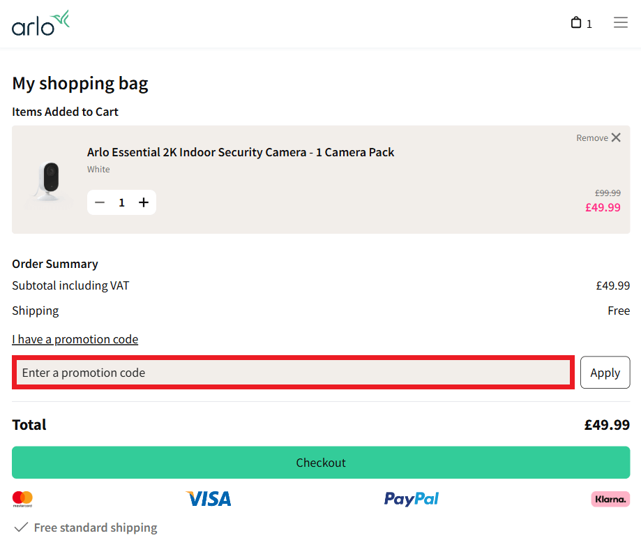 Arlo discount code box within the online shopping basket