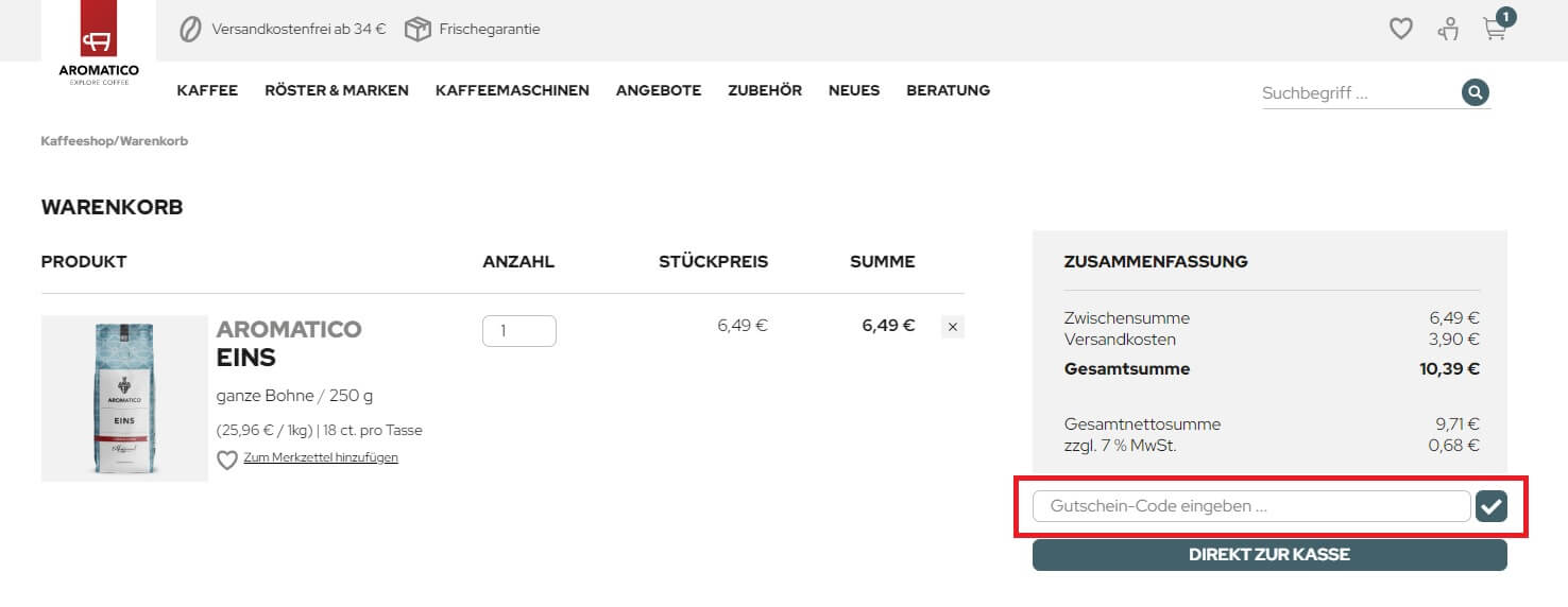 Screenshot vom Warenkorb mit Eingabefeld zum Einlösen eines Aromatico Gutscheins
