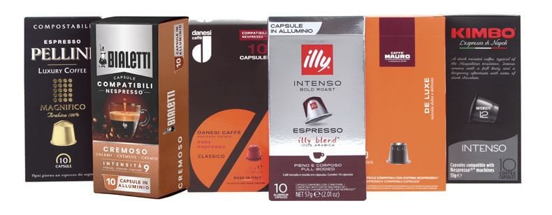 Foto eines Aromatico Probierpakets aus Nespresso-kompatiblen Kaffeekapseln