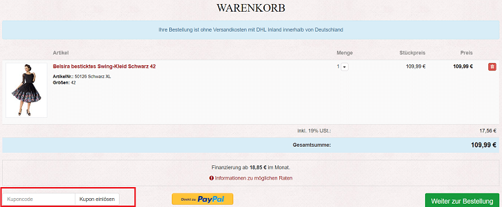 Eingabefeld für den Ars Vivendi Gutschein im Warenkorb