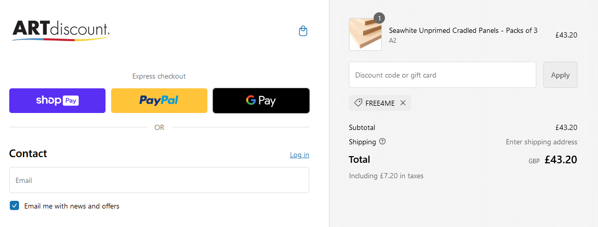 ARTdiscount discount code application box