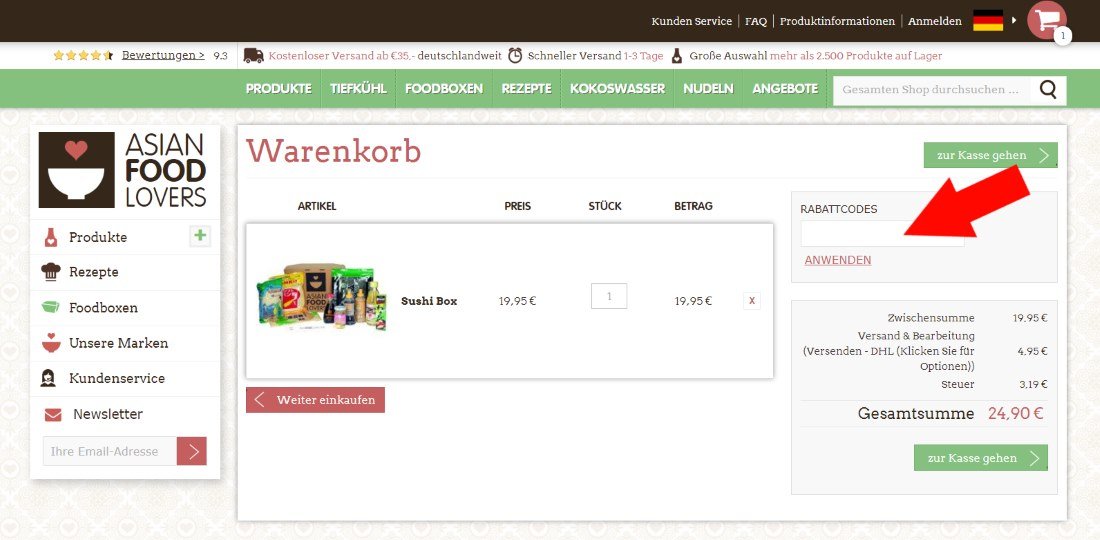 Warenkorb-Ansicht mit Eingabefeld für Asian Food Lovers Gutscheincodes
