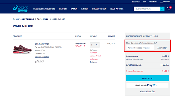 Löse deinen Asics-Outlet-Gutschein im Warenkorb ein