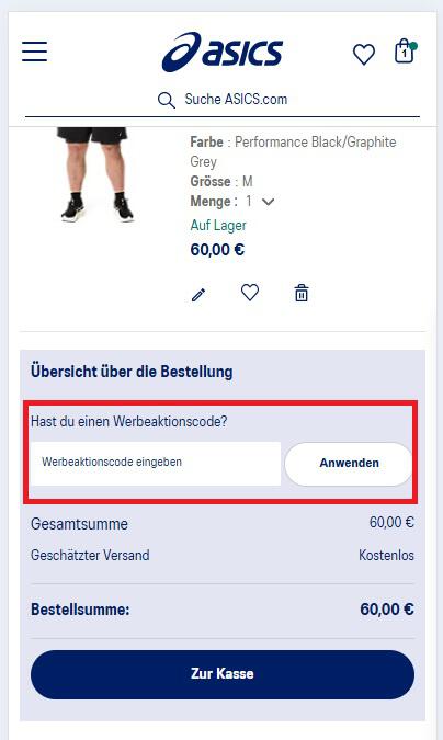 Feld für den ASICS Werbeaktionscode im Warenkorb