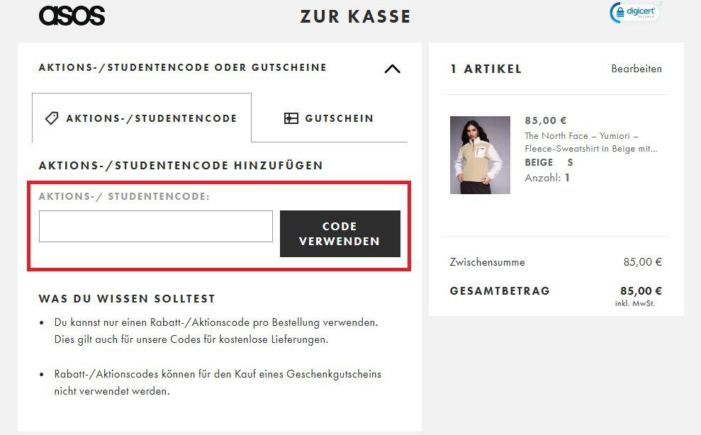 Screenshot vom Bestellabschluss mit Eingabefeld für ASOS Rabattcode