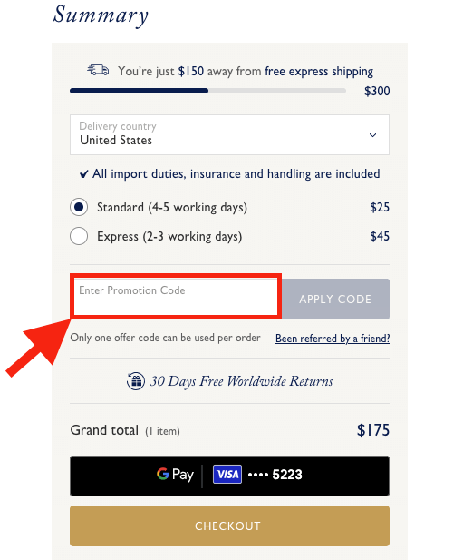 red arrow pointing to promo code box