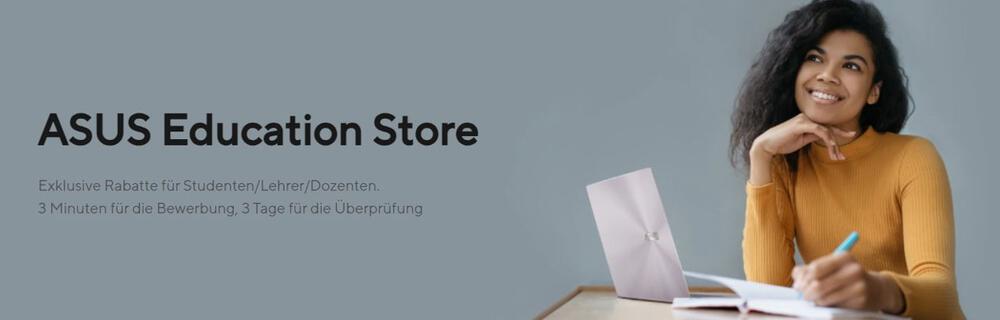 Frau mit Notizbuch und Laptop als Banner für den Asus Education Store